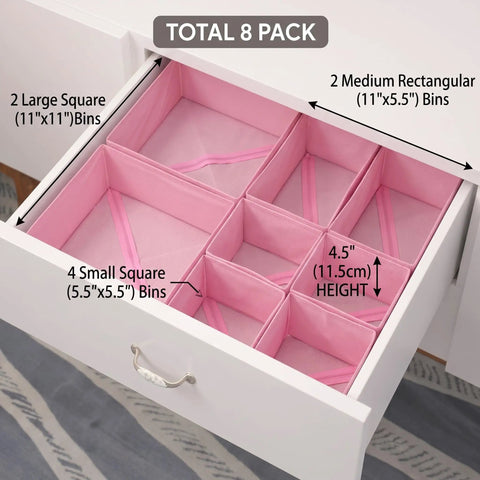 8 Pack Fabric Drawer Organizer Bins with Versatile Multi Size Storage Cubes for Clothing and Gear to Declutter Your Dresser Effortlessly shown in pink inside a drawer.