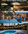 Smart Outdoor String Lights 150Ft G40 Globe Bulbs With 75 LEDs illuminating patio, Christmas tree car roof, and poolside