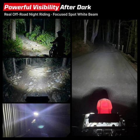 Dirt Bike Light Bar Kit Plug And Play Seven Eighths Inch Handlebar Battery Powered Headlight Universal Fit For CRF110 KLX110 KLX140 TTR110 Raptor 110 DRZ400 And More showcasing powerful visibility at night.