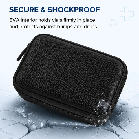 Grab And Go Vial Storage Case For Fridge And Travel Holds 7x 3ml 3x 10ml And 1x 30ml Vials With Mesh Pocket Organizer Black Case on cracked ice surface