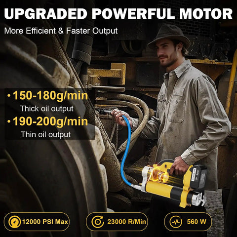 Cordless Grease Gun With LED Light 12000 PSI High Pressure Tool in use on heavy machinery, demonstrating thick and thin oil output rates.
