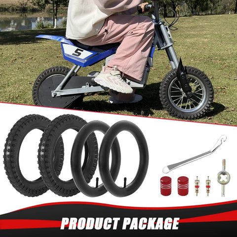 12.5x2.75 Tire And Inner Tube Set For Razor Dirt Bikes And Mini Scooters 2 Pack with tools and child riding bike
