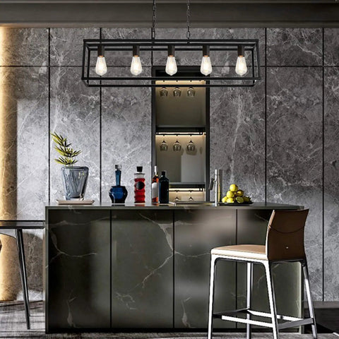 Farmhouse Black Five Light Linear Pendant Light for Kitchen Island and Dining Room above modern kitchen setting