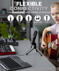 Person playing guitar with 3-Channel Dope Wireless DJ Mixer With Bluetooth 5.0 USB Audio Interface XLR And 6.35mm Mic Line.