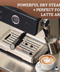 One Touch Auto Grind Espresso Machine With Smart Dosing And Brushed Stainless Steel Finish designed for latte art, with milk frothing pitcher.