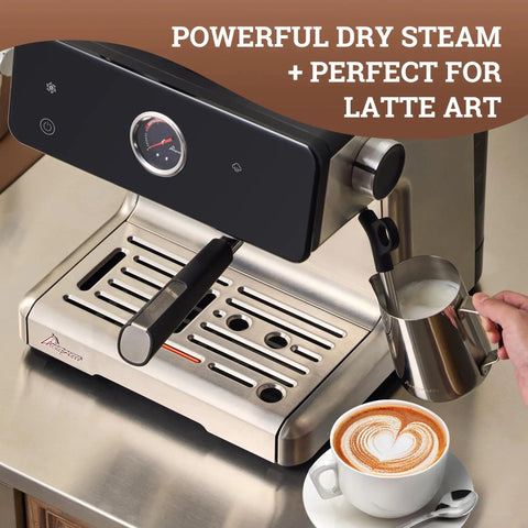One Touch Auto Grind Espresso Machine With Smart Dosing And Brushed Stainless Steel Finish designed for latte art, with milk frothing pitcher.