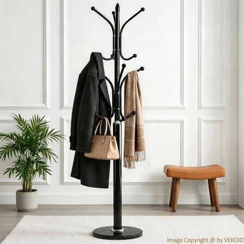 Heavy Duty Standing Coat Rack With Marble Base And 12 Metal Hooks Freestanding Coat Tree 130 Lb Capacity Black Finish