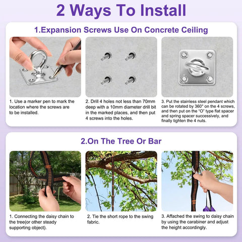 Installation guide for Kids Sensory Swing For Indoor And Outdoor Use Elastic Soft Fabric Therapy Swing, showing ceiling and tree setup steps.