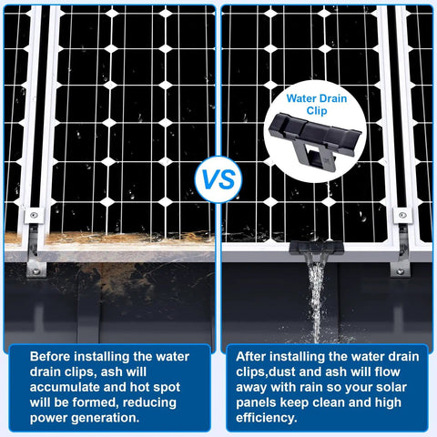 Comparison of solar panel efficiency before and after using water drain clips from Heavy Duty Roof Solar Panel Mounting Bracket Kit.