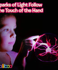 Child touching 6 Inch Plasma Ball Light With Touch And Sound Activation Lightning Globe For Home Desk Fun Lit Interactive Science Toy 12V Power Adapter Plug Gift For Teens And Kids
