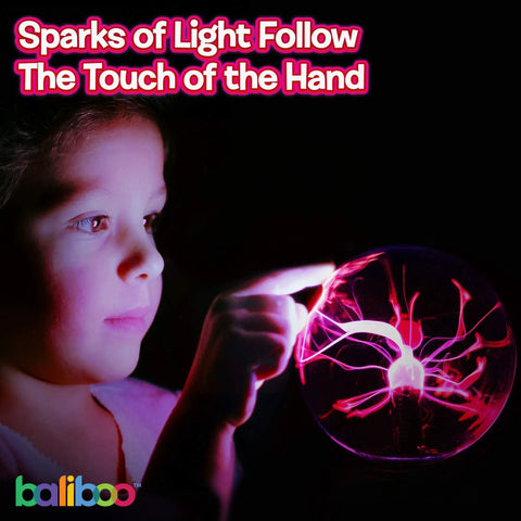 Child touching 6 Inch Plasma Ball Light With Touch And Sound Activation Lightning Globe For Home Desk Fun Lit Interactive Science Toy 12V Power Adapter Plug Gift For Teens And Kids