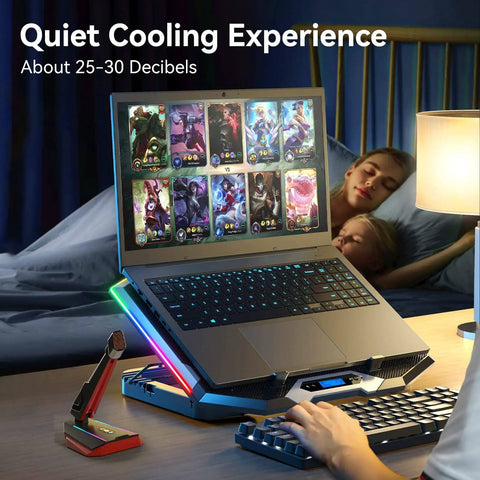 Eight Fan Gaming Laptop Cooling Pad for 15 to 17.3 Inch Notebooks with RGB lighting and phone stand in a gaming setup