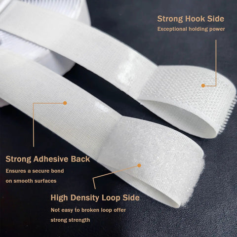Heavy Duty Adhesive Hook And Loop Tape Two Inch Wide Strip White With Super Sticky Grip No Fuss Wall Mount For Home Organization Decor And Remote Control Holder 15 Feet Roll showing strong adhesive back and durable nylon construction.