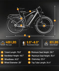 Diagram showing dimensions for Beast 2000W Fat Tire Electric Mountain Bike for adults with 26x4 tires and rear rack.