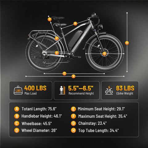 Diagram of Powerful 2000W Peak Electric Mountain Bike For Adults With 48V 15Ah Battery, showing dimensions and features.