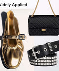 Heavy Duty Grommet Tool Kit Hand Press Grommet Machine With 3000 Silver And Gold Grommets, shoes, leather bag, studded belt showcasing use.