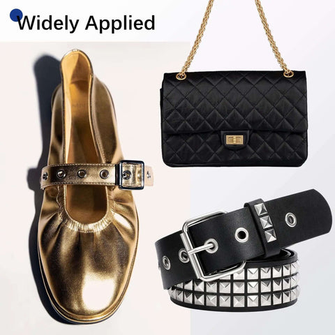 Heavy Duty Grommet Tool Kit Hand Press Grommet Machine With 3000 Silver And Gold Grommets, shoes, leather bag, studded belt showcasing use.