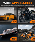 Automotive collage showing car, motorcycle, boat, and lawn mower with orange category badges.