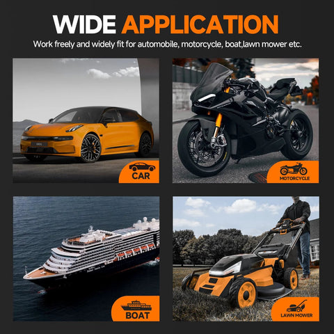 Automotive collage showing car, motorcycle, boat, and lawn mower with orange category badges.