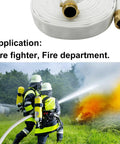Firefighters using One And A Half Inch Lay Flat Fire Hose Fifty Foot White Beefy Heavy Duty Industrial Water Hose With Brass NPSH And NPT Couplings
