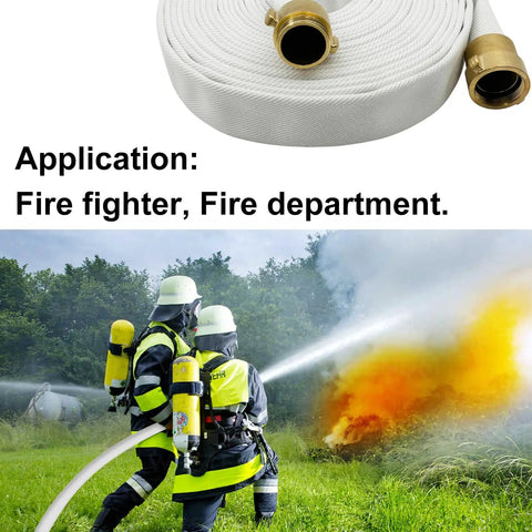 Firefighters using One And A Half Inch Lay Flat Fire Hose Fifty Foot White Beefy Heavy Duty Industrial Water Hose With Brass NPSH And NPT Couplings