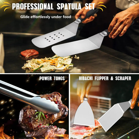 33Piece Griddle Accessories Kit For Blackstone Flat Top Grill Includes Cooling Rack Melting Dome Burger Press Hibachi Spatulas Long Spatulas Scraper Tong Grill Tools Set For Outdoor Teppanyaki BBQ Gift showing spatula set, power tongs, hibachi flipper, and scraper.