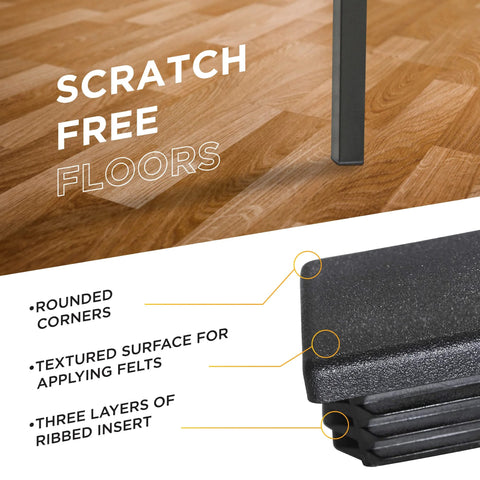 Ribbed 1x2 Inch Plastic Hole Caps for Rectangular Tubing, featuring scratch-free rounded corners and textured surface on wood floor.