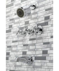 Millennium Triple-Handle Tub And Shower Faucet In Polished Chrome With No-Fuss Wall Mount on gray tiled wall