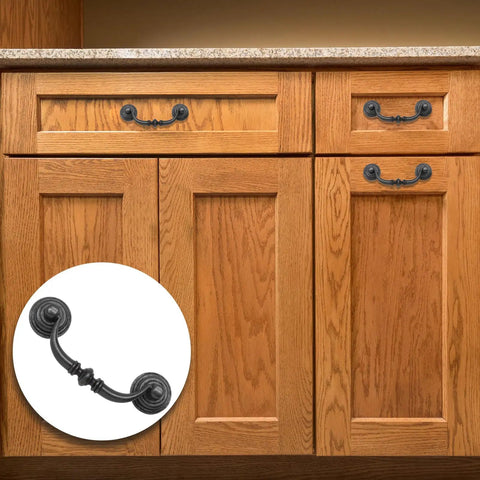Straight Up Vintage Black Bail Cabinet Pulls Super Durable Zinc Alloy Drawer Handles For Kitchen Cupboards Set Of Six Corrosion Resistant Knobs With Precise 3.5 Inch Hole Spacing on wooden cabinets.