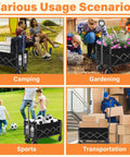 Grab And Go Foldable Wagon Cart With 360 Degree Wheels And Drink Holders For Camping Travel Picnic Shopping And Storage Ultra Lightweight At Just 11 Lbs Collapsible To Stow Handles Up To 360 Lbs shown in various usage scenarios for camping, gardening, sports, and transportation.