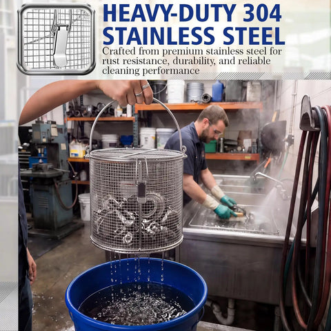 Built Tough 304 Stainless Steel Parts Washer Basket 8.5 By 9 Inch being used for cleaning automotive parts in a workshop.