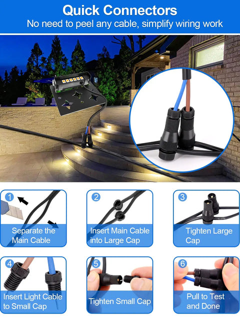 Installation instructions for 3W Retaining Wall Lights For Outdoor Hardscape Lighting 4 Inch, IP66 Waterproof Low Voltage 12V/24V Step Lights, showing connectors.