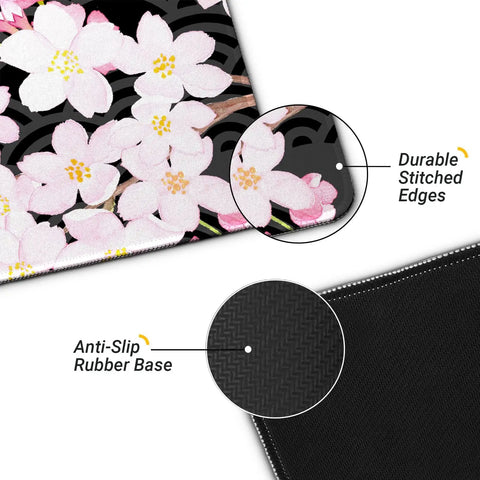 XL Gaming Mouse Pad With Anti Slip Rubber Base And Stitched Edges, Anime Black Cherry Blossom Design, close-up view showing details