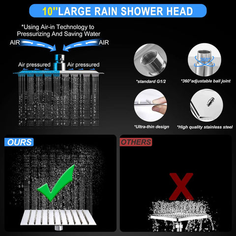 Dual Shower Head Combo: 10-Inch Rain Shower Head With 11-Inch Extension Arm, air-in technology, chrome finish