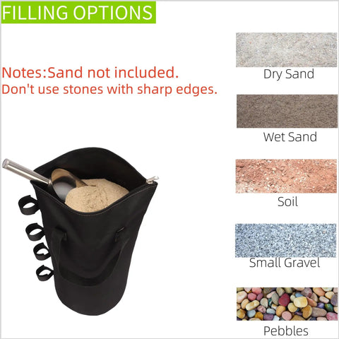 140 LBS Zipper Top Sand Bags for Canopy Legs and Gazebo Tents showing filling options