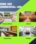 Collage of various commercial spaces: grocery store, church, restaurant, and garage for diverse uses.