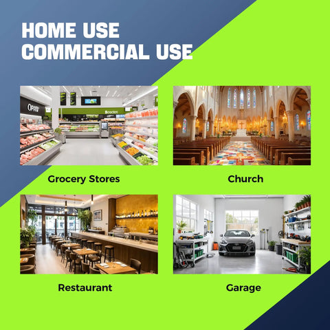 Collage of various commercial spaces: grocery store, church, restaurant, and garage for diverse uses.