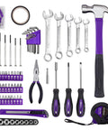 148 Piece Automotive And Household Tool Set With Purple Case, showing hammer, wrenches, screwdrivers, and purple tape measure.