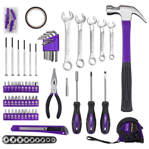 148 Piece Automotive And Household Tool Set With Purple Case, showing hammer, wrenches, screwdrivers, and purple tape measure.
