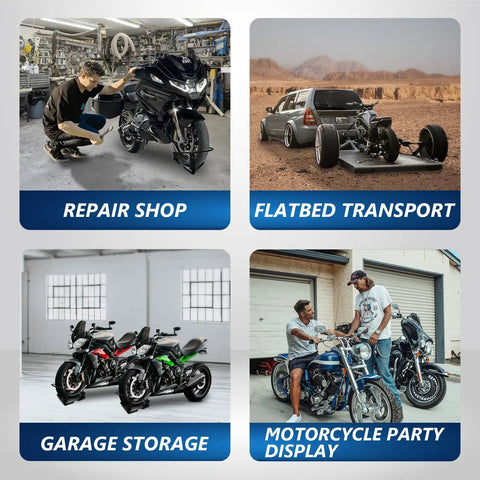 Images of Beefy Heavy Duty Steel Motorcycle Wheel Chock With 1800 Lbs Capacity used in repair shops, flatbed transport, storage, and displays.
