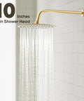 Gabrylly brushed-gold 10-inch rain shower head system with wall arm and handheld spray, front view