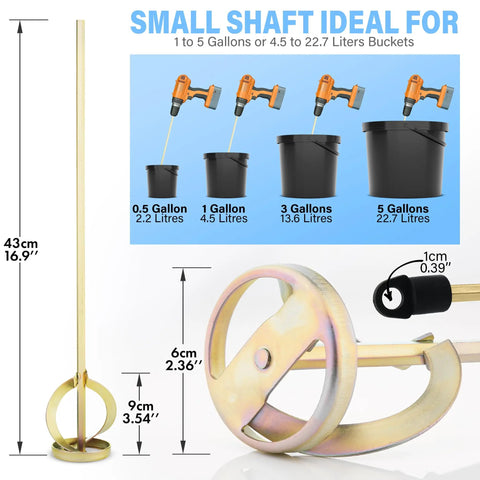 Grip Ready Drill Paint Mixer Attachment for 1 to 5 Gallon Buckets, zinc plated, rust resistant, with size details and compatibility shown.