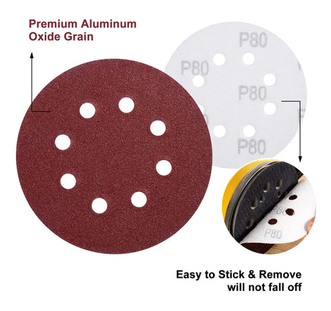 Heavy Duty 150 Pack 80 Grit Hook And Loop Sanding Discs 5 Inch 8 Hole Anti Clog Coating showing red aluminum oxide disc.