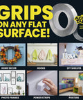 Heavy Duty Double Sided Nano Tape Clear Adhesive displayed with examples of home decor, photo frames, posters, and DIY projects.