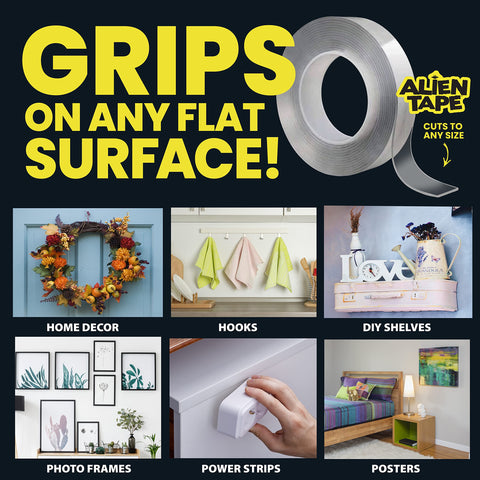 Heavy Duty Double Sided Nano Tape Clear Adhesive displayed with examples of home decor, photo frames, posters, and DIY projects.