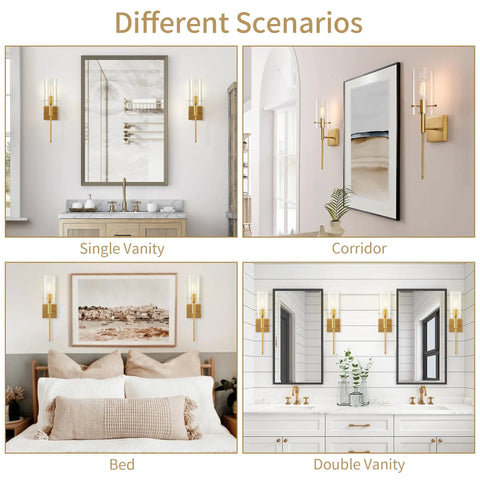 Set Of 2 Modern Indoor Wall Sconces In Antique Brass With Clear Glass Shade Dual Up Down Mount Sleek Wall Decor shown in various rooms.