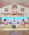 Triple Bunk Bed Space-Saving With House Shape For Kids, Twin Over Twin Over Twin, Metal Frame With 4 Storage Drawers, Built-In Charging Station And LED Lights, 13.4 Inch Guardrail, Play Curtain, DIY Playhouse Style, White.