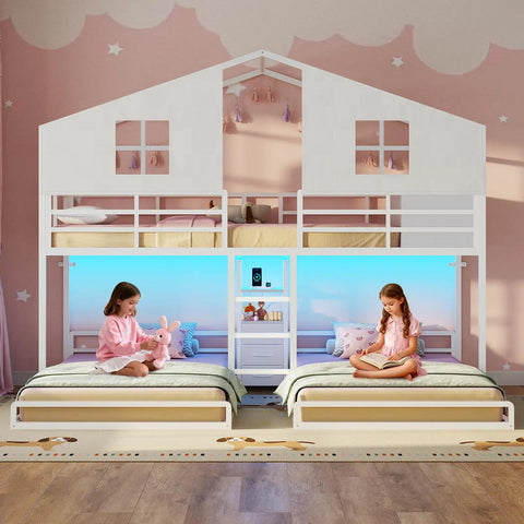 Triple Bunk Bed Space-Saving With House Shape For Kids, Twin Over Twin Over Twin, Metal Frame With 4 Storage Drawers, Built-In Charging Station And LED Lights, 13.4 Inch Guardrail, Play Curtain, DIY Playhouse Style, White.