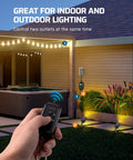 Hand holding remote controlling Outdoor Wireless Remote Control Outlet Power Strip Weatherproof Expandable Indoor Outdoor No Hassle Plug In Light Switch 15A 100 Ft Range 7 Inch Extension Cord ETL Listed installed on wall with lights on