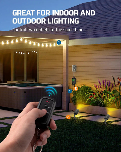 Wireless Outdoor Outlet With Remote Control used to operate lights in garden, showcasing weatherproof functionality, two outlets visible
